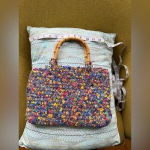 Handcrafted Multicolor felted wool and ribbon Satchel with Wooden Handle